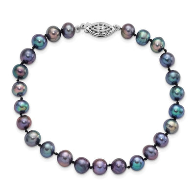 Sterling Silver Rhodium-plated Black Near-Round Freshwater Cultured Pearl, 16 x 6 to 7mm
