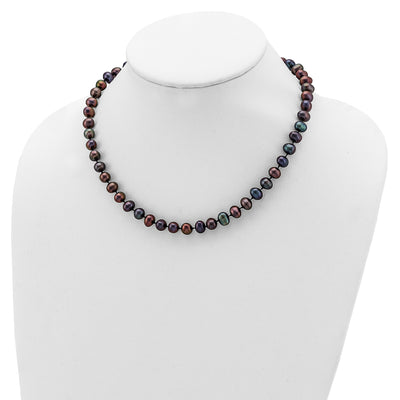 Sterling Silver Rhodium-plated Black Near-Round Freshwater Cultured Pearl, 16 x 7 to 8mm