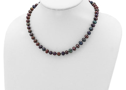 Sterling Silver Rhodium-plated 7- Black Near-Round Freshwater Cultured Pearl Necklace (Style QH5155-16)