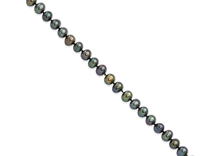Sterling Silver Rhodium-plated 7- Black Near-Round Freshwater Cultured Pearl