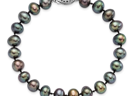 Sterling Silver Rhodium-plated 7- Black Near-Round Freshwater Cultured Pearl