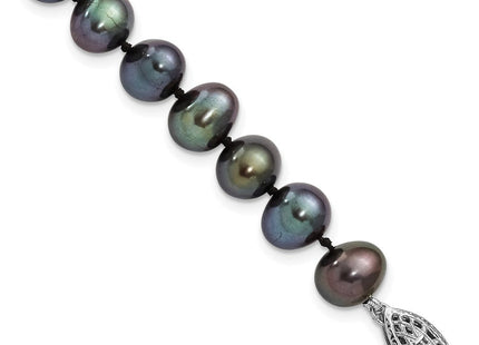 Sterling Silver Rhodium-plated 7- Black Near-Round Freshwater Cultured Pearl