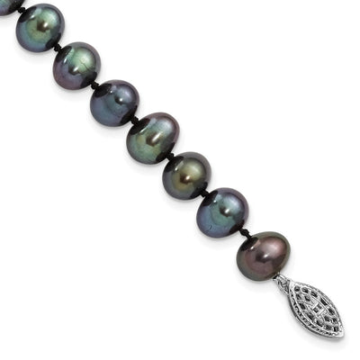 Sterling Silver Rhodium-plated Black Near-Round Freshwater Cultured Pearl, 16 x 7 to 8mm