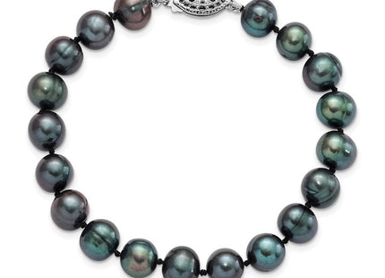Sterling Silver Rhodium-plated 8- Black Near-Round Freshwater Cultured Pearl
