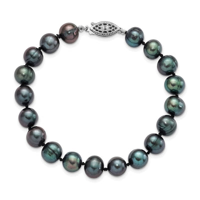 Sterling Silver Rhodium-plated Black Near-Round Freshwater Cultured Pearl, 16 x 8 to 9mm