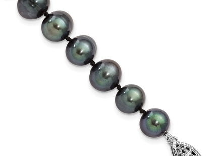 Sterling Silver Rhodium-plated 8- Black Near-Round Freshwater Cultured Pearl