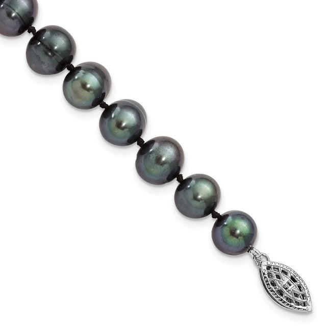 Sterling Silver Rhodium-plated 8- Black Near-Round Freshwater Cultured Pearl, 16 x 8 to 9mm
