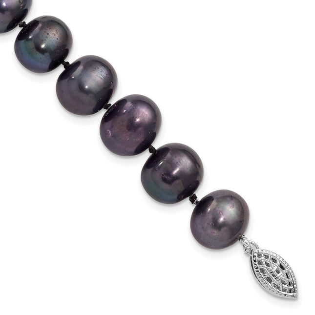 Sterling Silver Rhodium-plated 10- Black Near-Round Freshwater Cultured Pearl, 16 x 10 to 11mm