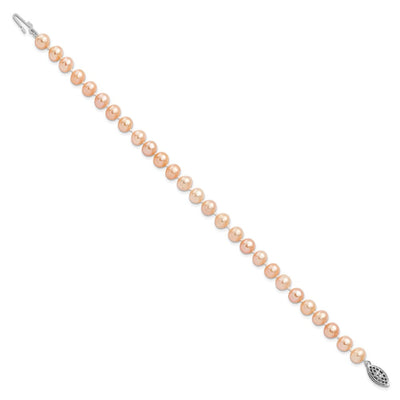 Sterling Silver Rhodium-plated Pink Near-Round Freshwater Cultured Pearl, 16 x 6 to 7mm