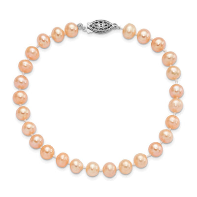 Sterling Silver Rhodium-plated Pink Near-Round Freshwater Cultured Pearl, 16 x 6 to 7mm