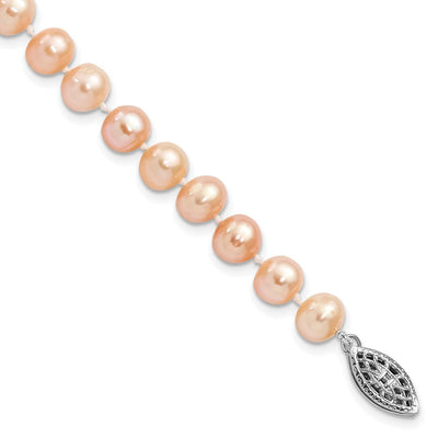 Sterling Silver Rhodium-plated Pink Near-Round Freshwater Cultured Pearl, 16 x 6 to 7mm