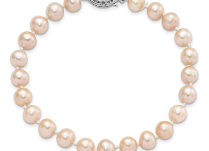 Sterling Silver Rhodium-plated 7- Pink Near-Round Freshwater Cultured Pearl