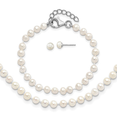 Sterling Silver Rhodium-plated White Semi-Round Freshwater Cultured Pearl Necklace, Bracelet and Post Earrings Set