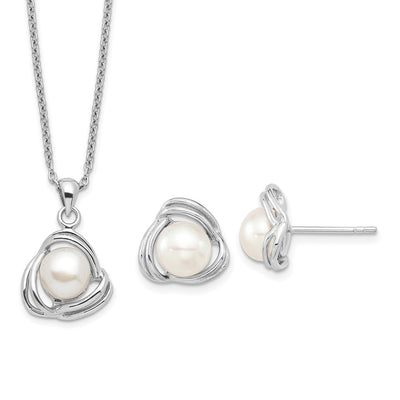 Sterling Silver Rhodium-plated White Button Freshwater Cultured Pearl Necklace and Post Earrings Set