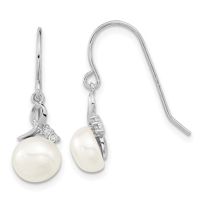 Sterling Silver Rhodium-plated White Semi-Round Freshwater Cultured Pearl and CZ Necklace and Dangle Earrings Set