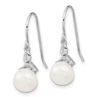 Sterling Silver Rhodium-plated White Semi-Round Freshwater Cultured Pearl and CZ Necklace and Dangle Earrings Set