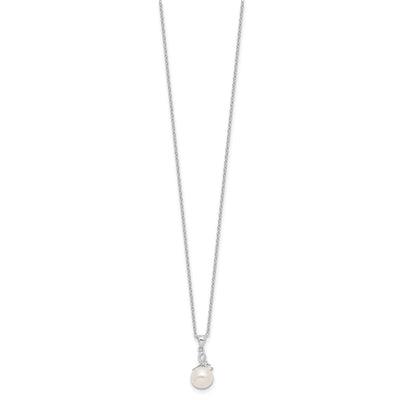 Sterling Silver Rhodium-plated White Semi-Round Freshwater Cultured Pearl and CZ Necklace and Dangle Earrings Set