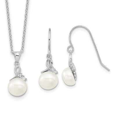 Sterling Silver Rhodium-plated White Semi-Round Freshwater Cultured Pearl and CZ Necklace and Dangle Earrings Set