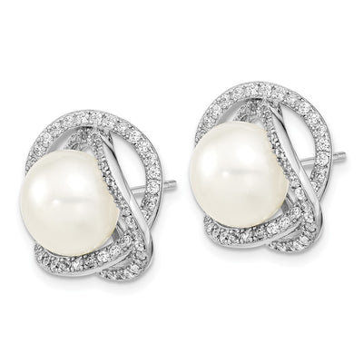 Sterling Silver Rhodium-plated White Button Freshwater Cultured Pearl and CZ Necklace and Post Earrings Set