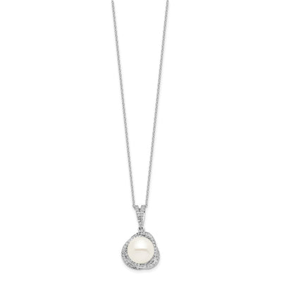 Sterling Silver Rhodium-plated White Button Freshwater Cultured Pearl and CZ Necklace and Post Earrings Set