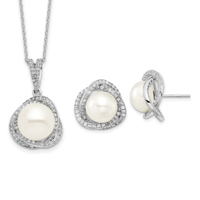 Sterling Silver Rhodium-plated White Button Freshwater Cultured Pearl and CZ Necklace and Post Earrings Set