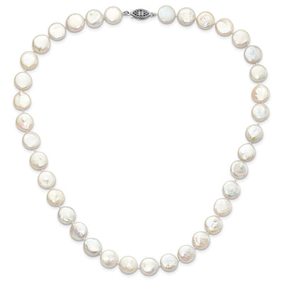 Sterling Silver Rhodium-plated White Coin Freshwater Cultured Pearl Necklace