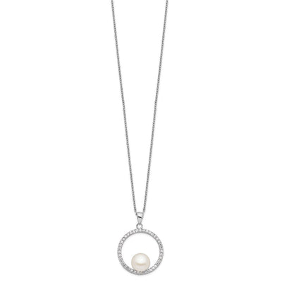 Sterling Silver Rhodium-plated White Button Freshwater Cultured Pearl and CZ Necklace, 17 x 22mm
