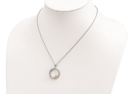 Sterling Silver Rhodium-plated 8- White Button Freshwater Cultured Pearl and CZ Necklace (Style QH5231-17)