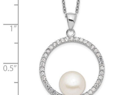 Sterling Silver Rhodium-plated 8- White Button Freshwater Cultured Pearl and CZ Necklace (Style QH5231-17)