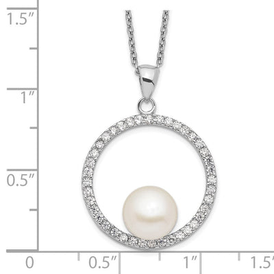 Sterling Silver Rhodium-plated White Button Freshwater Cultured Pearl and CZ Necklace, 17 x 22mm