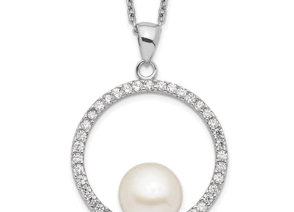 Sterling Silver Rhodium-plated 8- White Button Freshwater Cultured Pearl and CZ Necklace (Style QH5231-17)