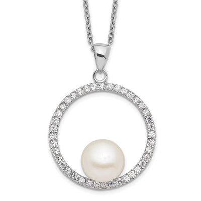 Sterling Silver Rhodium-plated White Button Freshwater Cultured Pearl and CZ Necklace, 17 x 22mm