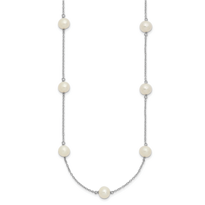 Sterling Silver Rhodium-plated White Semi-Round Freshwater Cultured Pearl 3-Station, 18 x 8mm