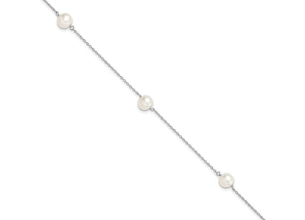 Sterling Silver Rhodium-plated 7- White Semi-Round Freshwater Cultured Pearl 3-Station