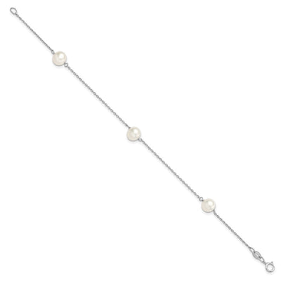 Sterling Silver Rhodium-plated White Semi-Round Freshwater Cultured Pearl 3-Station, 18 x 8mm