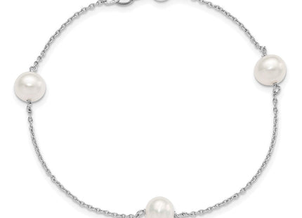 Sterling Silver Rhodium-plated 7- White Semi-Round Freshwater Cultured Pearl 3-Station