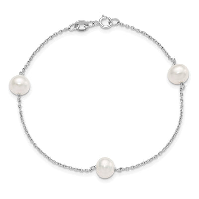 Sterling Silver Rhodium-plated White Semi-Round Freshwater Cultured Pearl 3-Station, 18 x 8mm