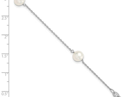 Sterling Silver Rhodium-plated 7- White Semi-Round Freshwater Cultured Pearl 3-Station