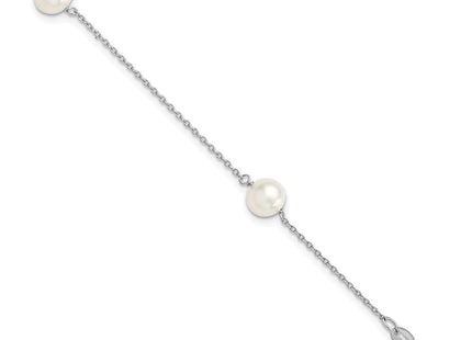 Sterling Silver Rhodium-plated 7- White Semi-Round Freshwater Cultured Pearl 3-Station