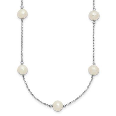 Sterling Silver Rhodium-plated White Semi-Round Freshwater Cultured Pearl 3-Station, 18 x 8mm