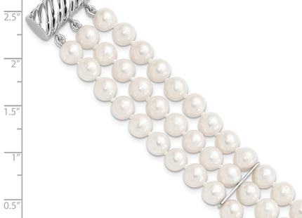 Sterling Silver Rhodium-plated 6- White Near-Round Freshwater Cultured Pearl 3-Strand 7. Bracelet