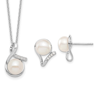 Sterling Silver Rhodium-plated White Button Freshwater Cultured Pearl and CZ and Post Earrings Set