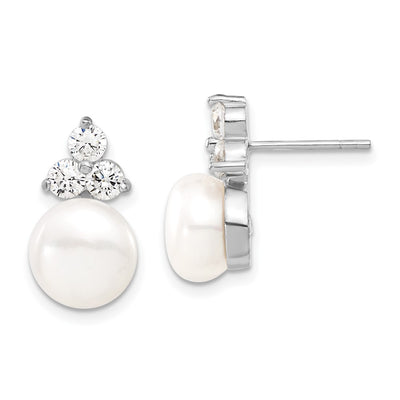 Sterling Silver Rhodium-plated White Button Freshwater Cultured Pearl and CZ and Post Earrings Set