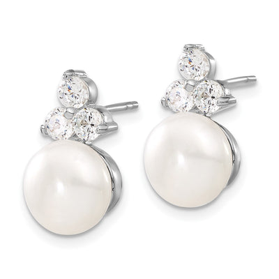Sterling Silver Rhodium-plated White Button Freshwater Cultured Pearl and CZ and Post Earrings Set