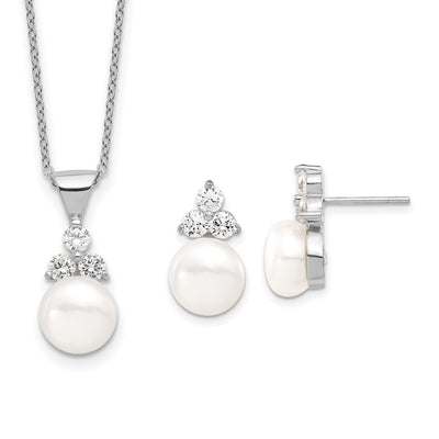 Sterling Silver Rhodium-plated White Button Freshwater Cultured Pearl and CZ and Post Earrings Set