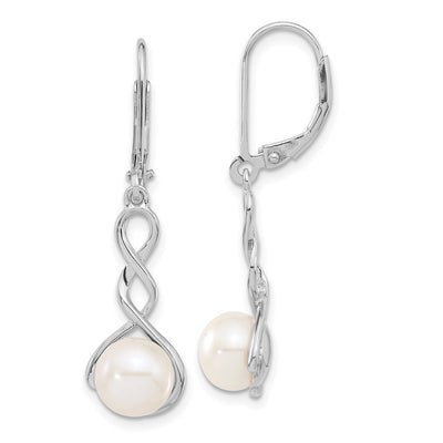 Sterling Silver Rhodium-plated White Button Freshwater Cultured Pearl Necklace and Leverback Dangle Earrings Set