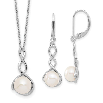 Sterling Silver Rhodium-plated White Button Freshwater Cultured Pearl Necklace and Leverback Dangle Earrings Set