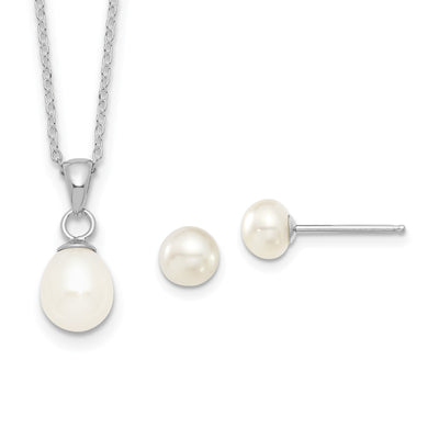 Sterling Silver Rhodium-plated White Teardrop Freshwater Cultured Pearl Necklace and Button Post Earrings Set