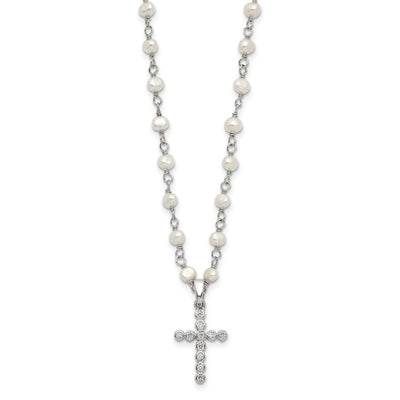 Sterling Silver Rhodium-plated White Near-Round Freshwater Cultured Pearl and CZ Cross Necklace
