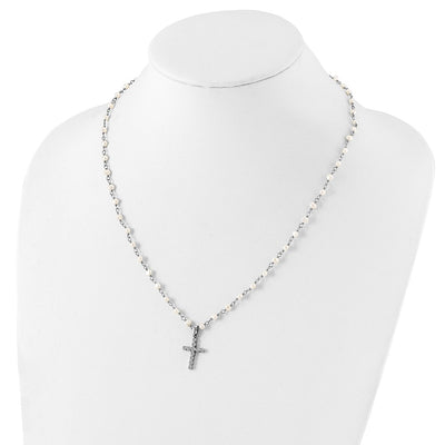 Sterling Silver Rhodium-plated White Near-Round Freshwater Cultured Pearl and CZ Cross Necklace